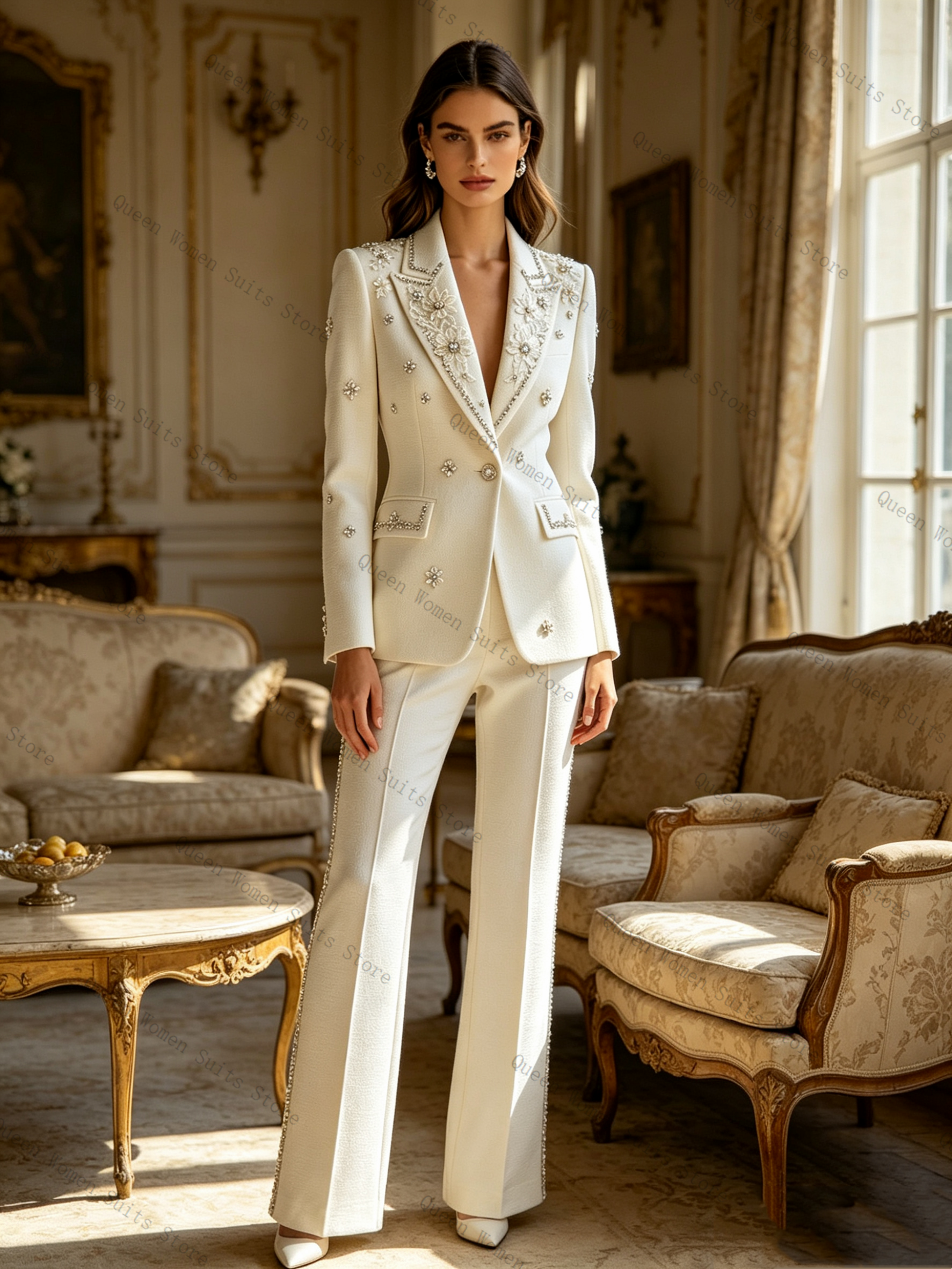 Women Formal Wear Coat - White Crystals Women Suit Set 2