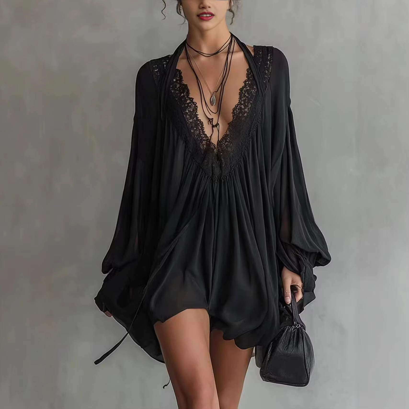 Wrap Dress Work - Women's Black Lace Trim Sexy Deep