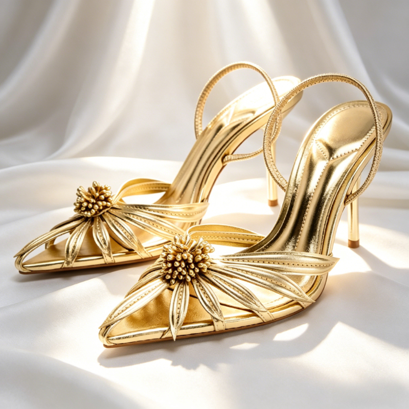 Women'S Formal Wear For Wedding - Luxury Gold Floral Detail Slingback Heels