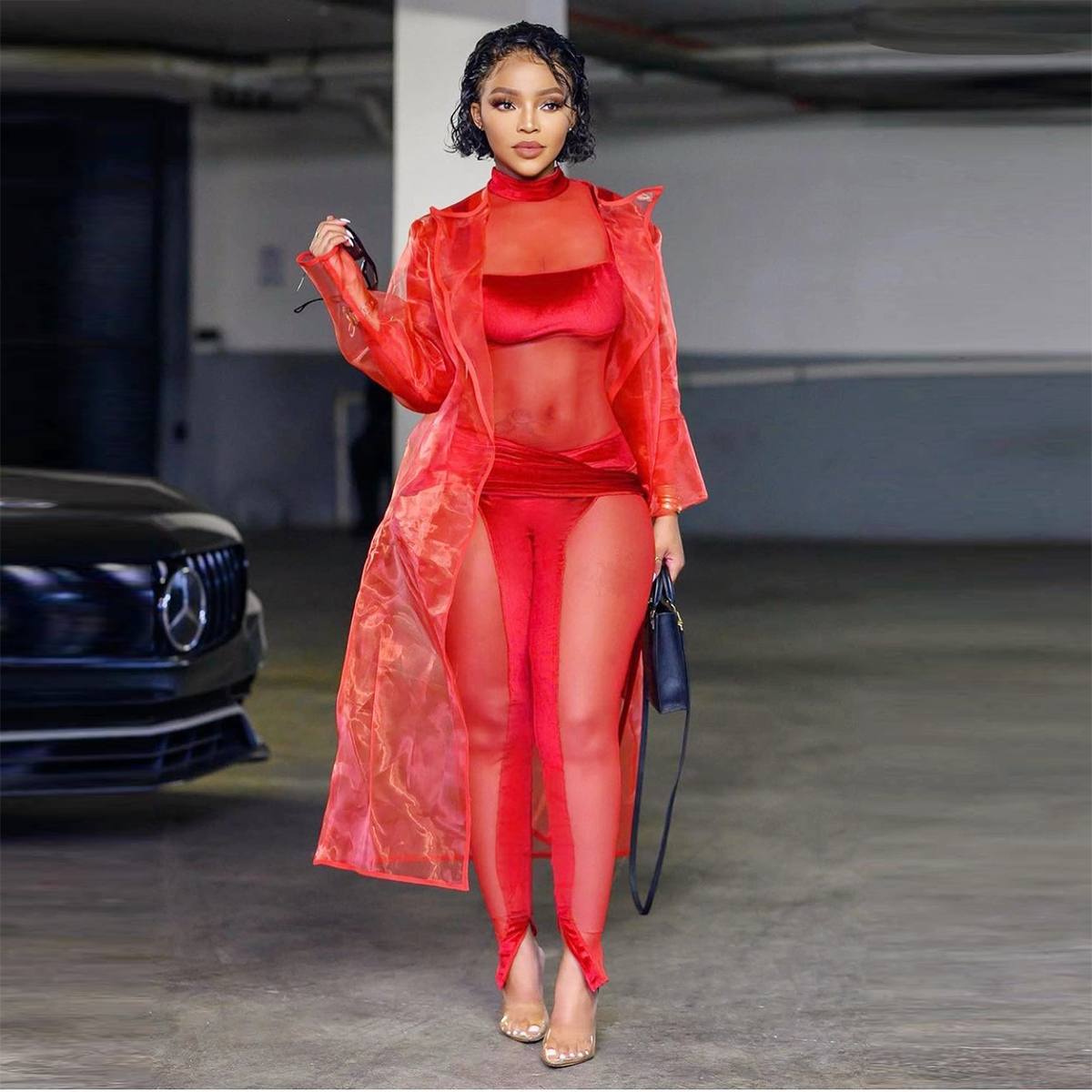 Women Formal Wear Vest - Red Organza See Through Long Coat