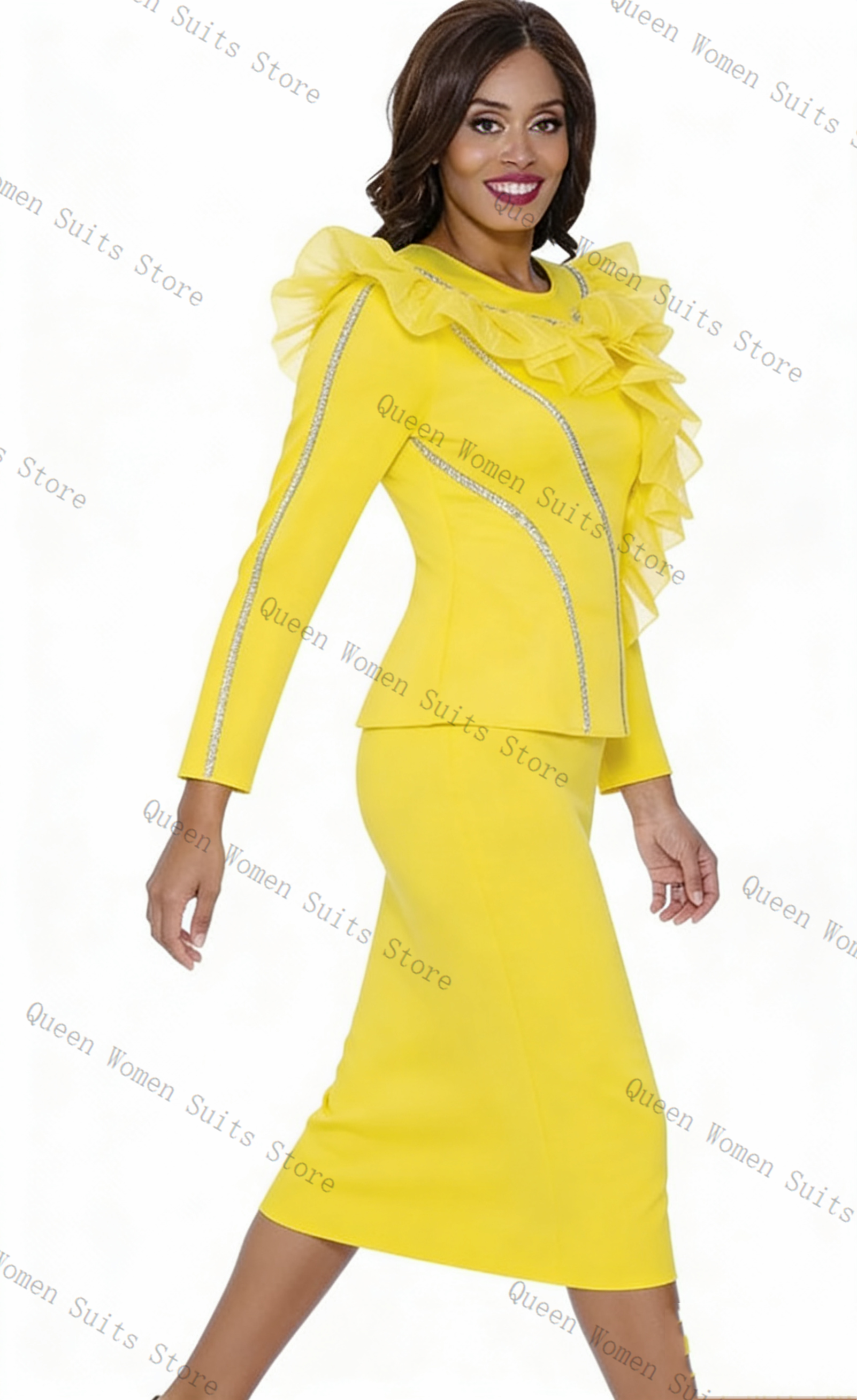 Women Formal Wear Coat - Crystals Yellow Women Suit Skirt Set
