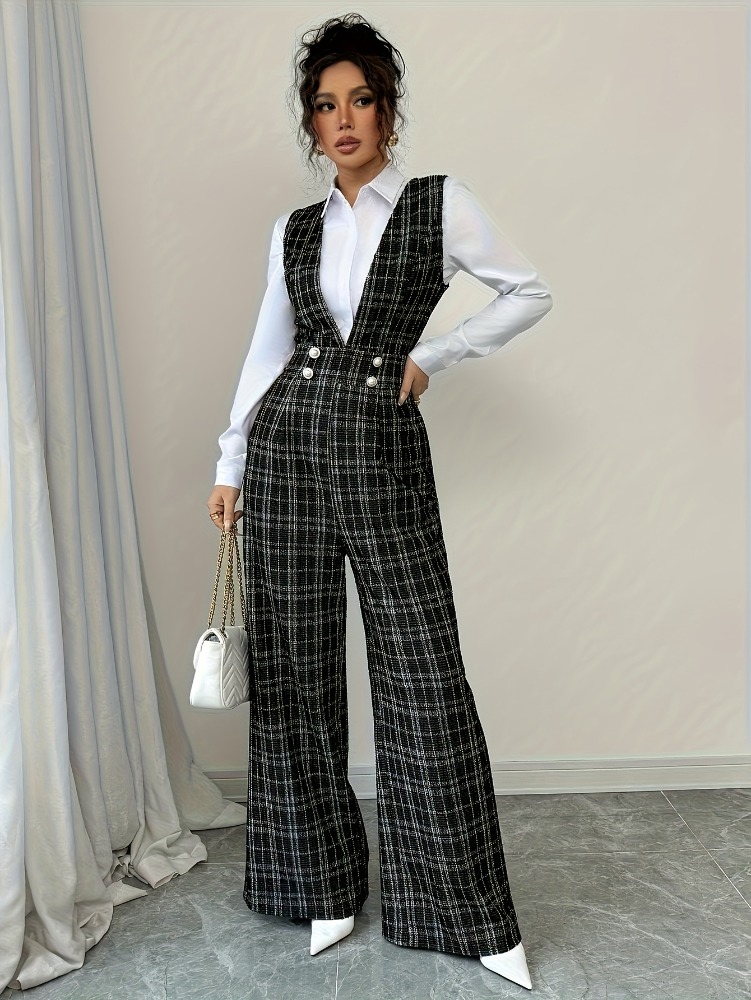 Women Formal Wear Vest - Women High Waist Wide Leg Plaid