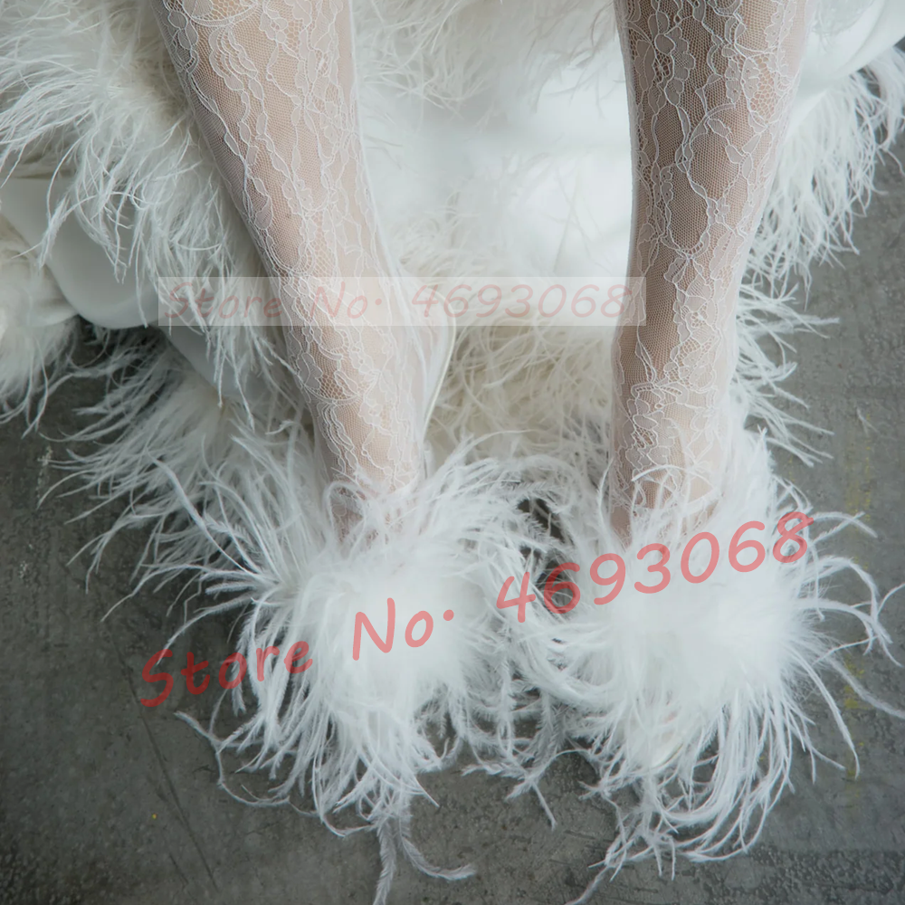 Women'S Formal Wear For Wedding - White Ostrich Feather Heeled Slippers Women