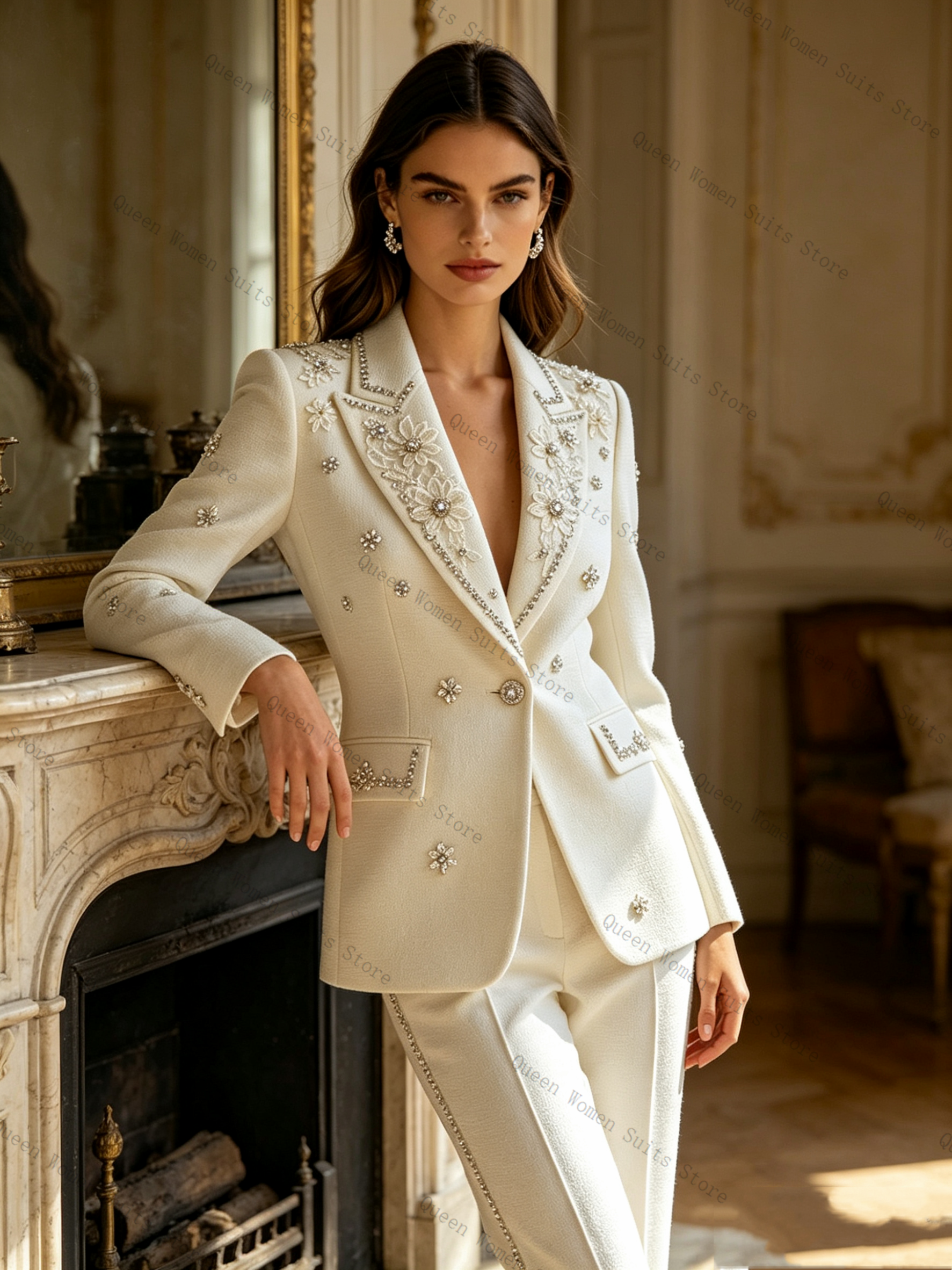 White Crystals Women Suit Set  - Women Formal Wear Coat avis et prix