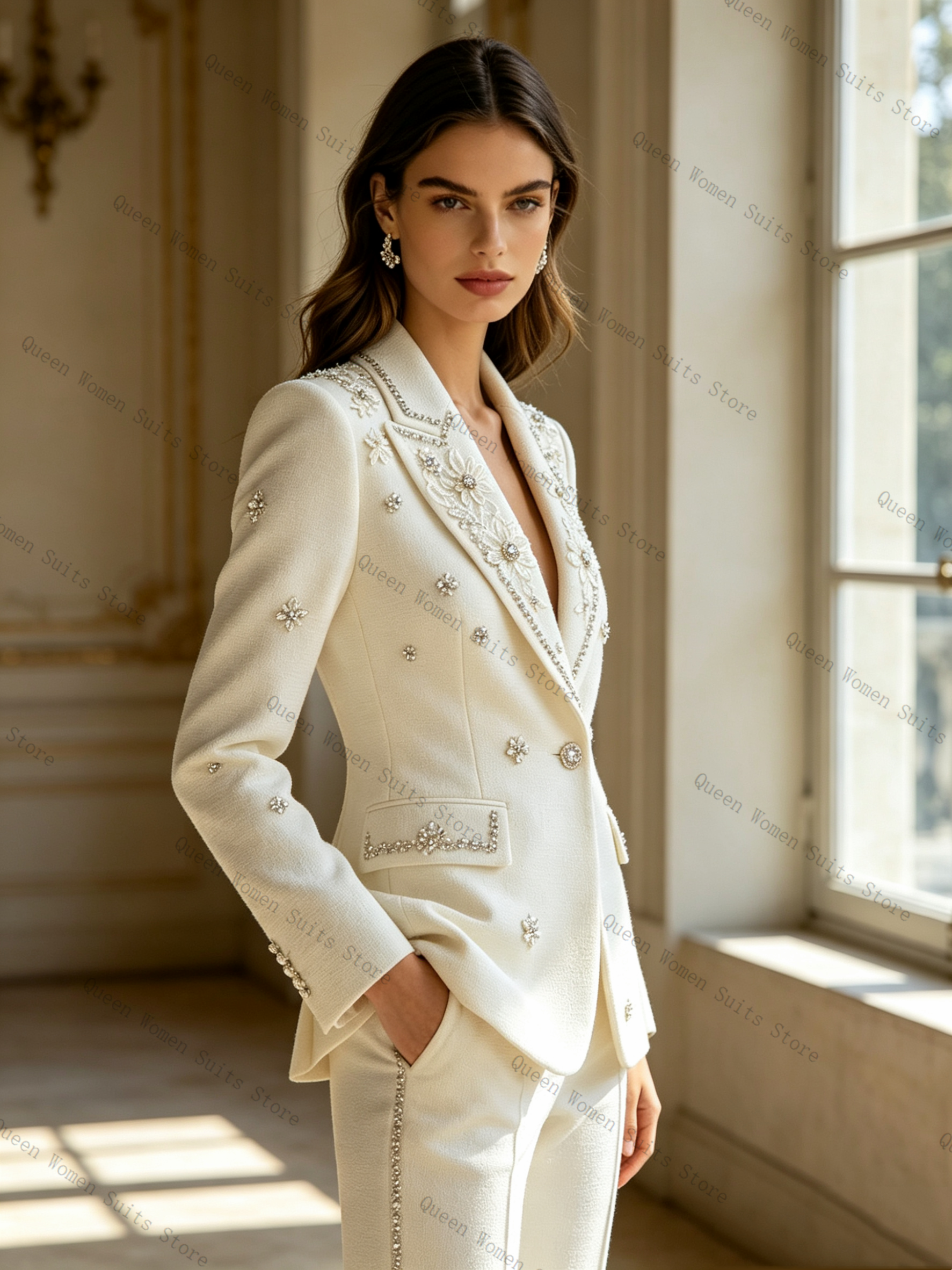 White Crystals Women Suit Set  - Women Formal Wear Coat avis et prix