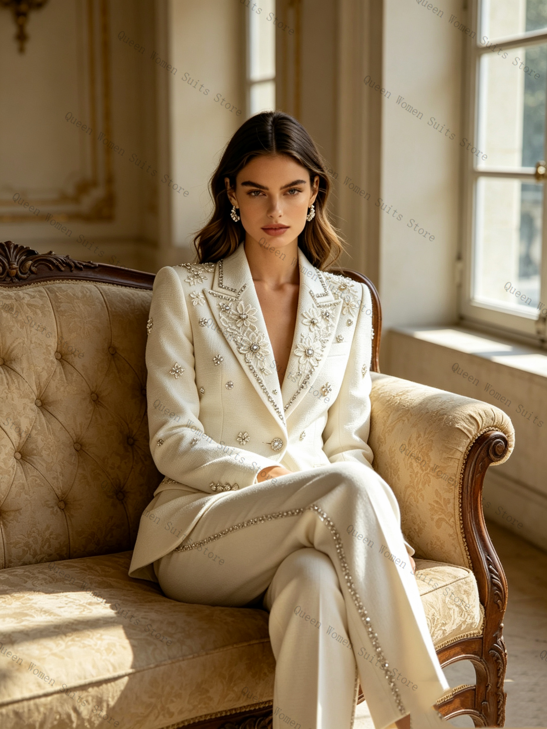 White Crystals Women Suit Set  - Women Formal Wear Coat avis et prix