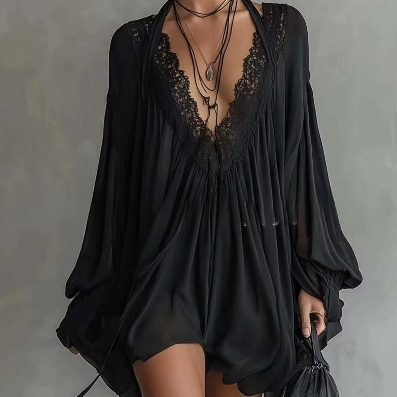 Women's Black Lace Trim Sexy D - Wrap Dress Work avis et prix