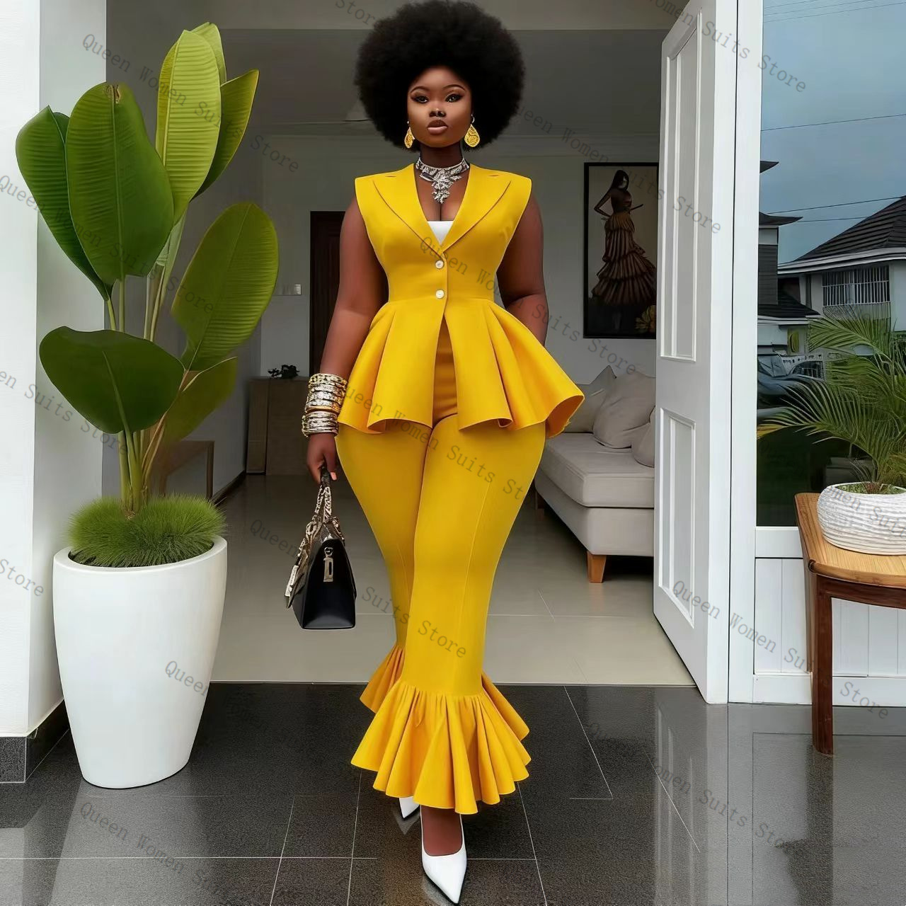 Yellow Women Suit Pants Set 2  - Women Formal Wear Vest avis et prix