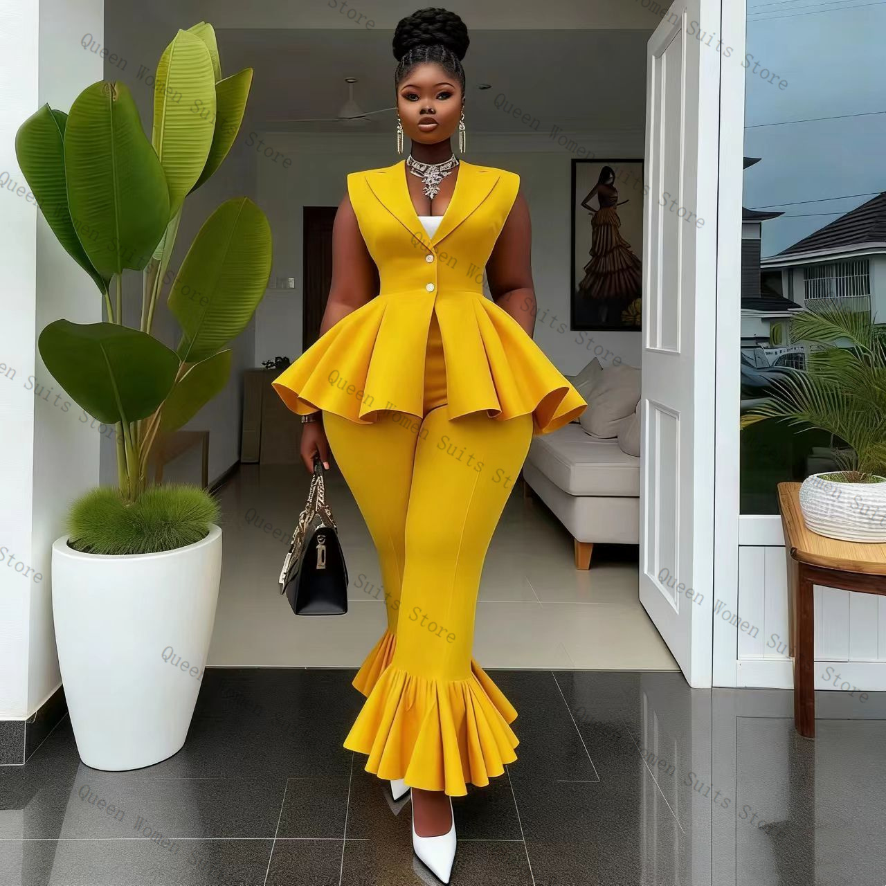 Yellow Women Suit Pants Set 2  - Women Formal Wear Vest avis et prix