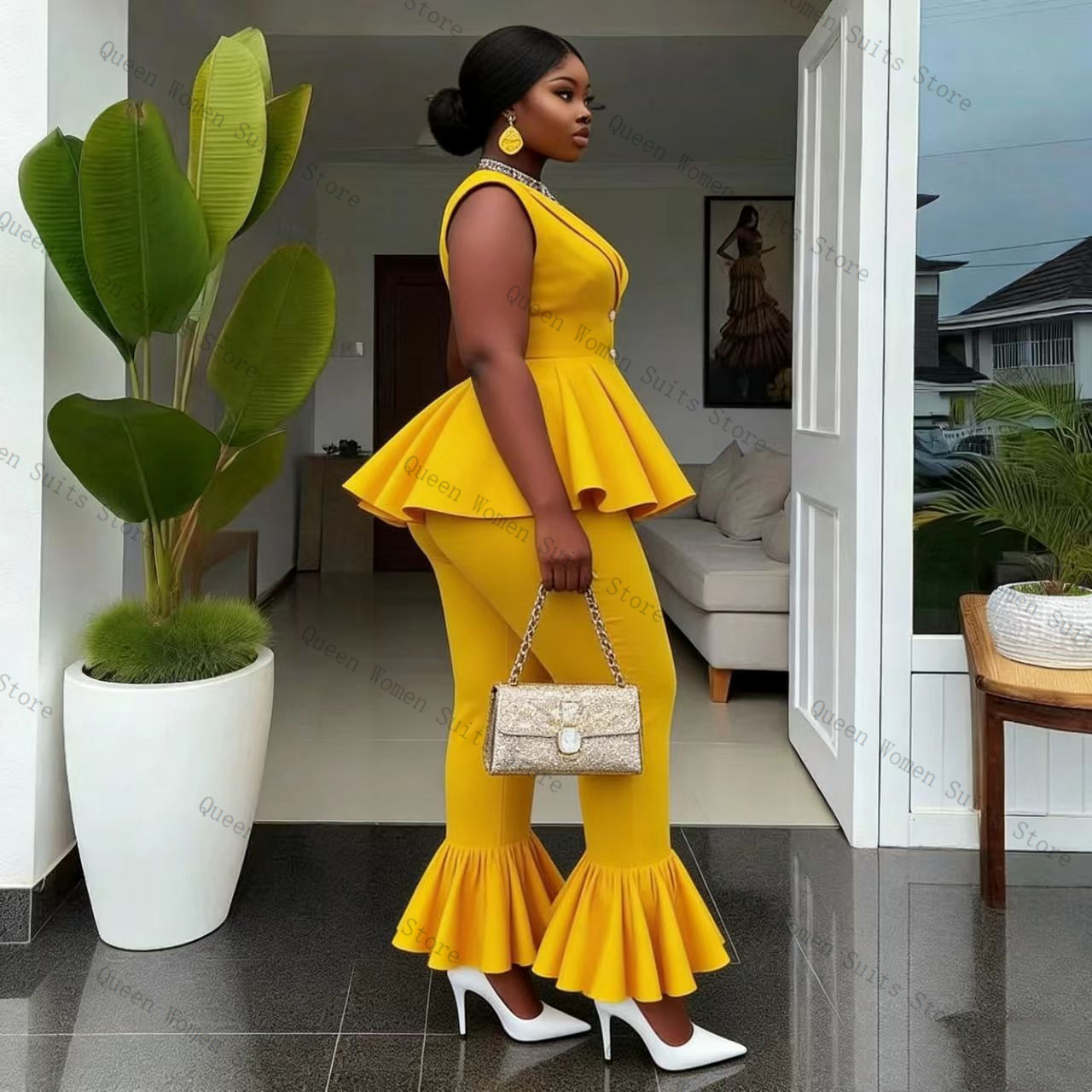 Yellow Women Suit Pants Set 2  - Women Formal Wear Vest avis et prix