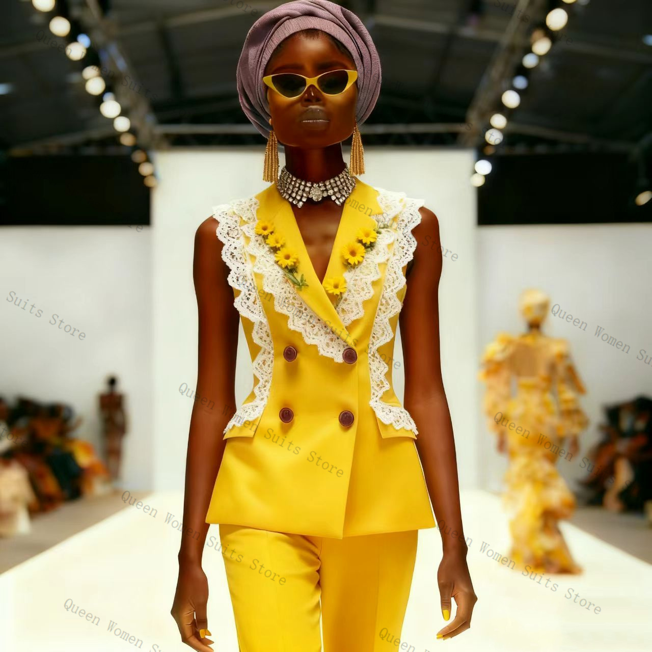 Yellow White Lace Women Suit P - Women Formal Wear Vest avis et prix
