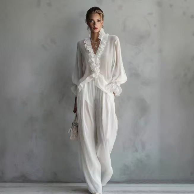 Woman Solid Ruffles Pants Set  - Women'S Formal Wear Blouse avis et prix