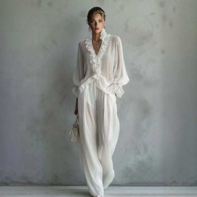 Woman Solid Ruffles Pants Set  - Women'S Formal Wear Blouse avis et prix