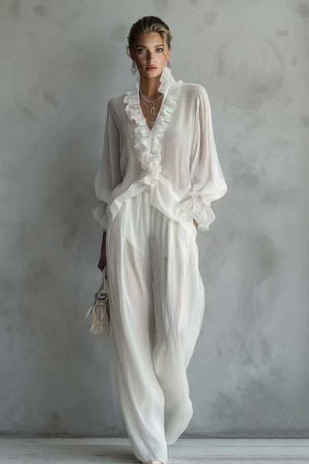 Woman Solid Ruffles Pants Set  - Women'S Formal Wear Blouse avis et prix